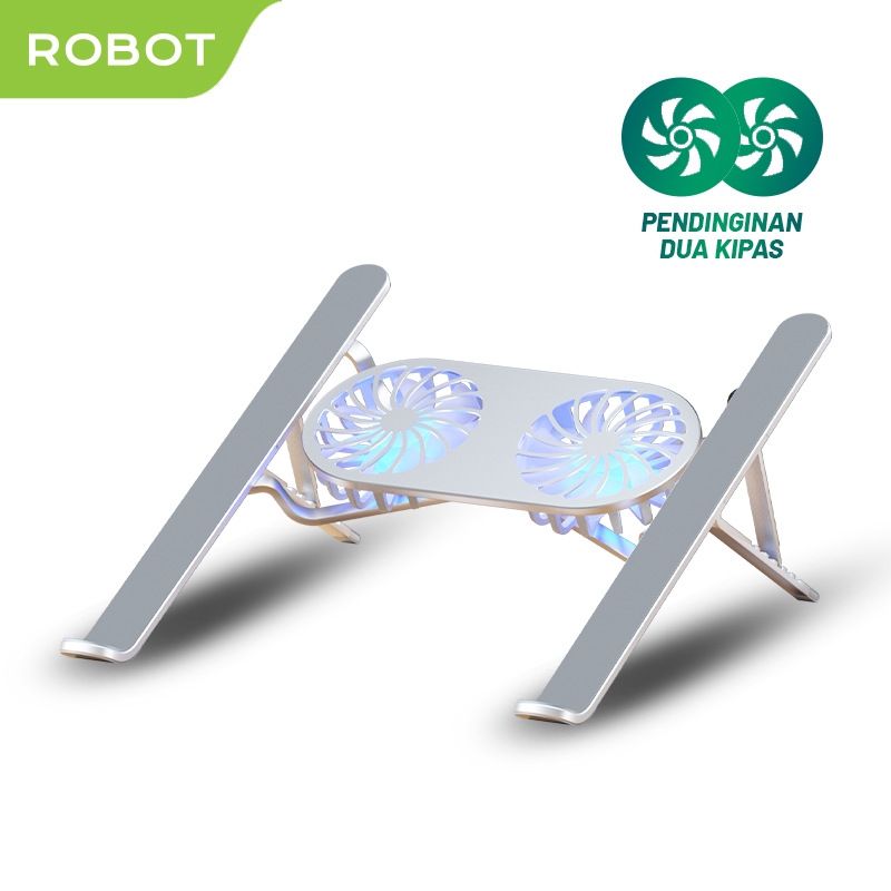 ROBOT RT-LS04 Holder Cooling Duo Fan Aluminium Alloy Liftable & Foldable Laptop Cooling Stand Silver