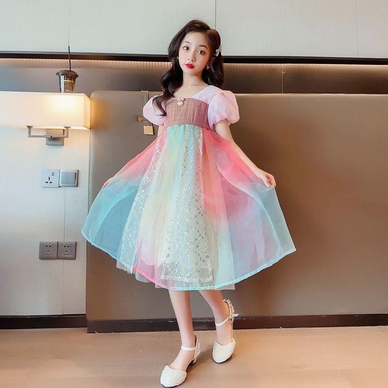 Dress organza cheongsam rainbow anak perempuan premium 8/9thn