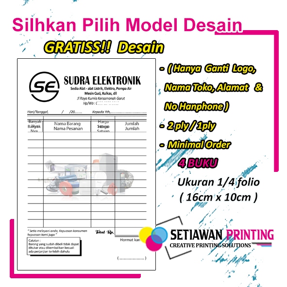 

cetak nota elektronik ukuran 1/4 custom 2ply dan 1ply desain suka suka