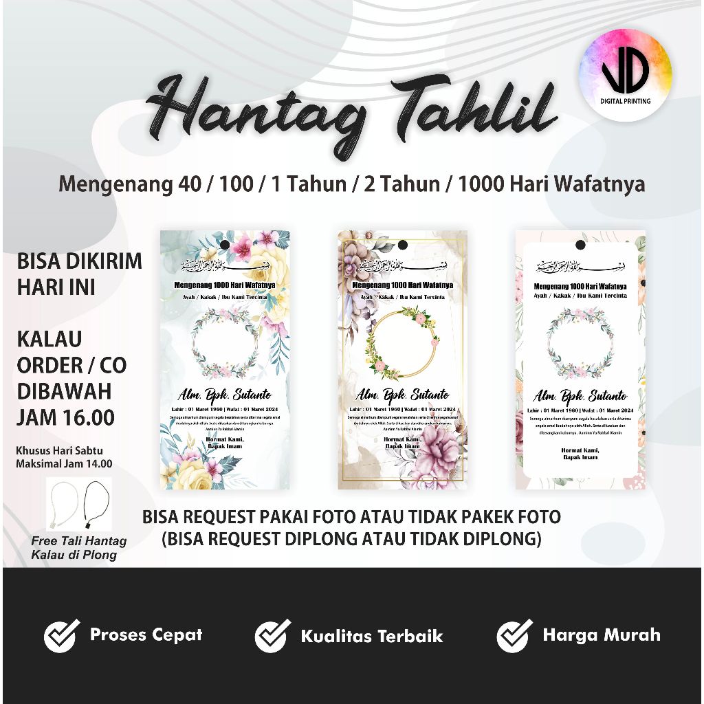 Hang tag kartu ucapan tahlil mengenang 40 / 100 / 1 Tahun / 2 Tahun / 1000 hari, bisa custom kata-ka