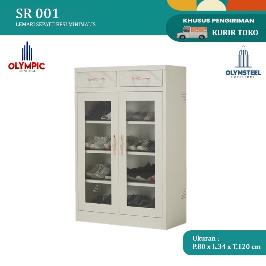 Rak Sepatu Pintu Kaca Full White Olymsteel | Rak Sepatu Besi Susun Minimalis / Rak Sepatu Besi Jumbo