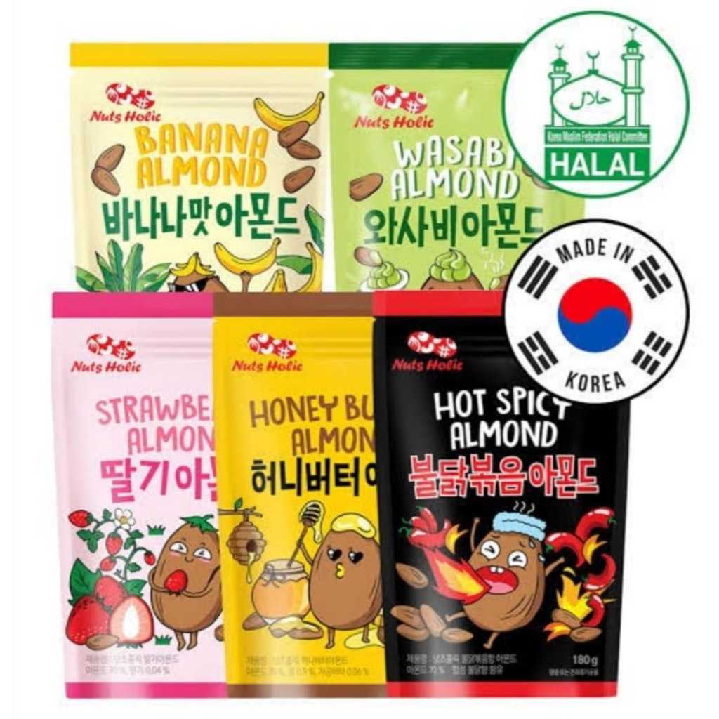 

NUTS HOLIC Korean Almond HALAL 180g Honey Butter Strawberry Banana Wasabi Kimchi Hot Spicy Chicken