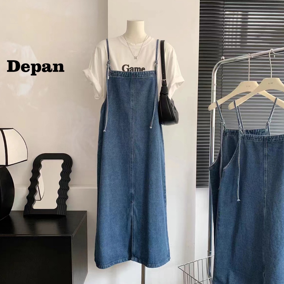 Dipesan ya Ekouaer baju kondangan wanita kekinian overall dress jeans jumbo midi dress denim rok bel