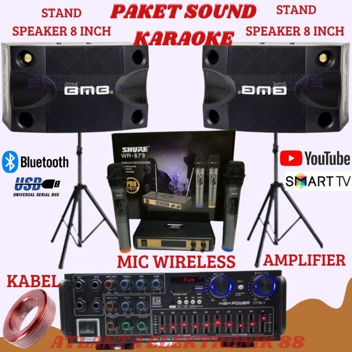 Paket Sound system Karaoke BMB 8 inch Cocok Buat Karaoke Keluarga Di Rumah + Mic Wireless, + Amplifi