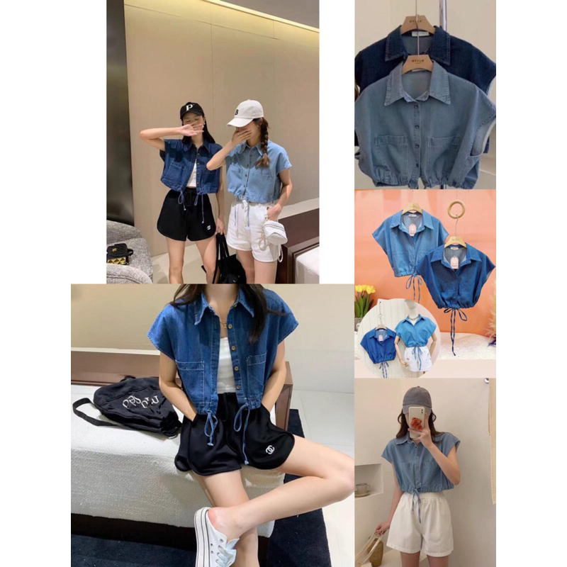 #82271 (REAL PIC) (BISA COD) Denim Drawstring Crop Top / ATASAN DENIM CROP TOP WANITA / ATASAN DENIM