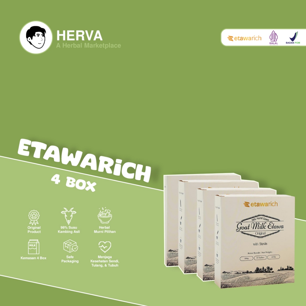 

Etawarich Susu Kambing Asli Etawa Bubuk Kemasan 4 Box | Mengandung Susu Asli Kambing | Diperkaya Ekstrak Herbal Alami | Mengatasi Masalah Tulang dan Sendi | Menambah Berat Badan | Menggemukan Badan | juga Meningkatkan Daya Imun Tubuh Agar Tetap Terjaga