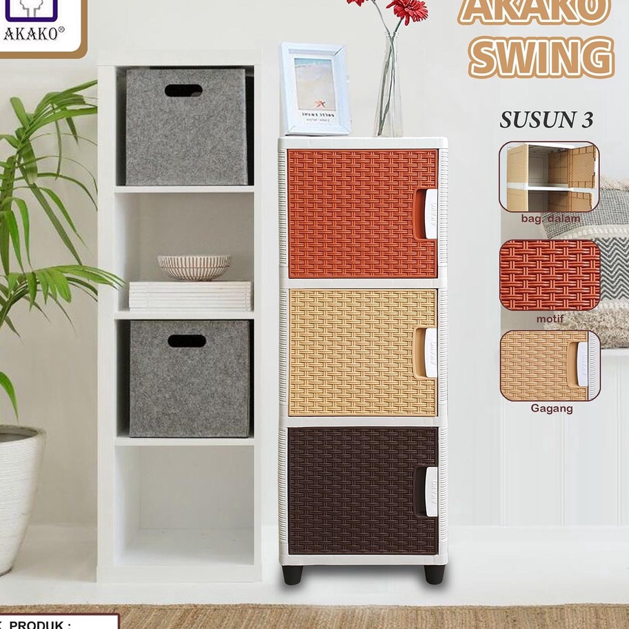 READY STOK AKAKO  LEMARI PAKAIAN PLASTIK MINIMALISLEMARI ROTAN AKAKO SWING 3 SUSUN