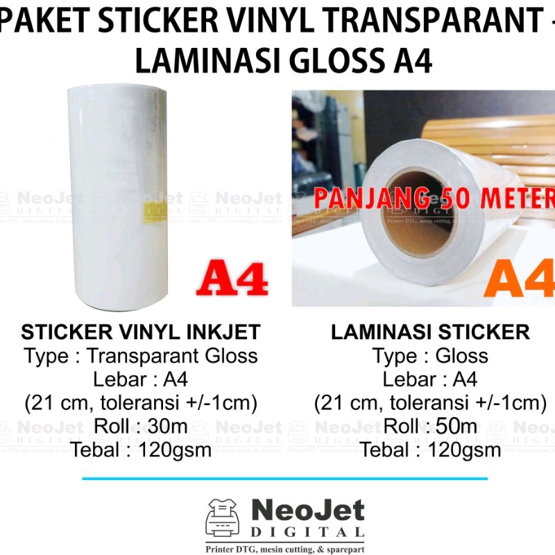 

Paket Sticker Vinyl Inkjet Transparant Glossy A4 + Laminasi Glossy 120 gsm A4