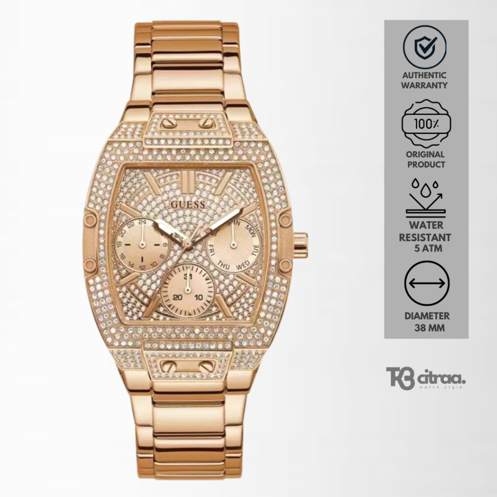 Jam Tangan Fashion Wanita Guess Raven Chronograph Stainless Steel Luxury Watch Rose Gold Mewah Origi