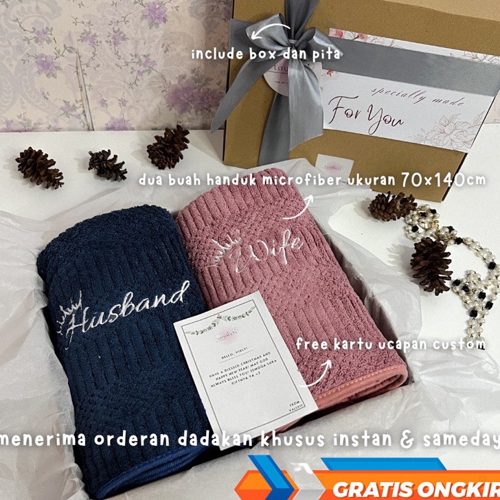 Dijamin Ori Hampers Handuk Bordir Husband Wife 7x14cm Couple  Hampers Handuk Couple Wedding Pernikah