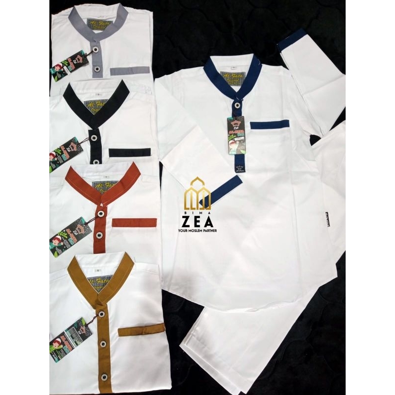 Setelan Kurta Anak Putih Kombinasi Lengan Panjang