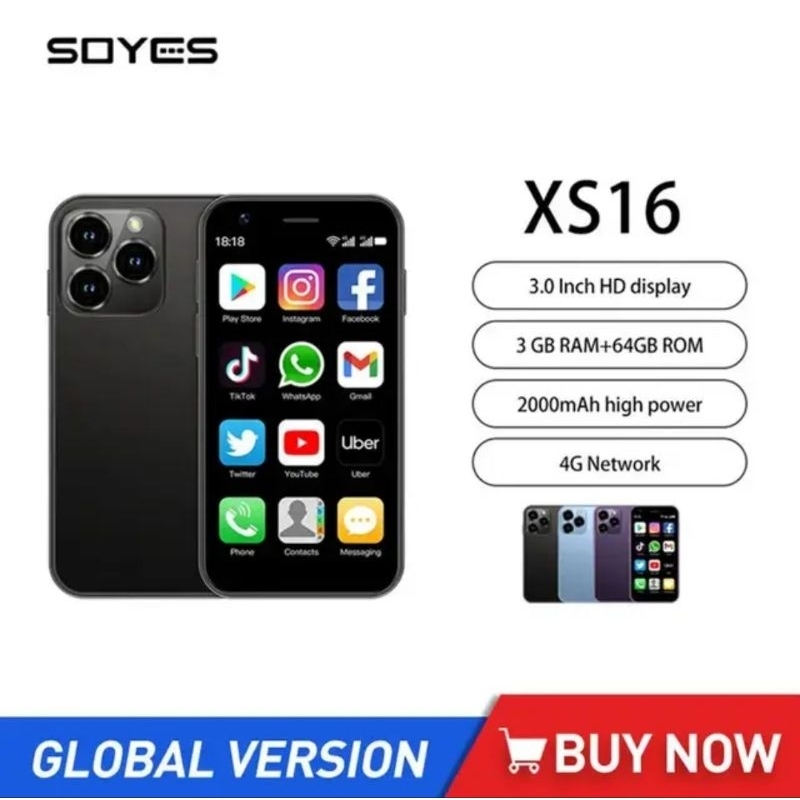 SOYES XS16 RAM 3GB/64GB Mini Android 10 4G Dual SIM-Hitam, 3GB/64GB Hp Android Kecil