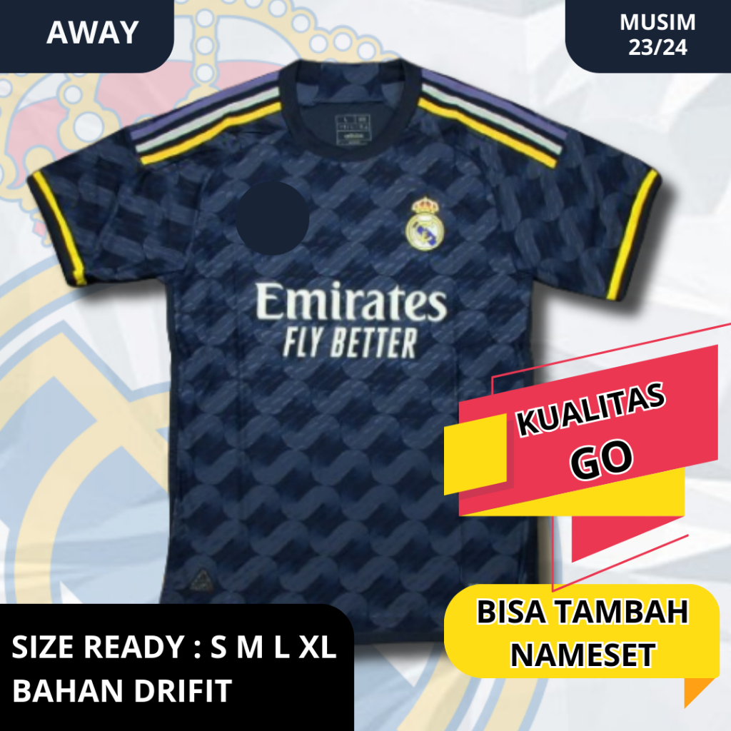 Baju Kaos Jersey Sepak Bola Futsal Real Madridd Away 2023/2024 Grade Orii Dewasa Murah Size S M L XL