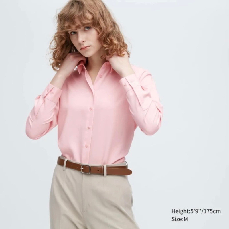 Uniqlo Wanita - Blus Rayon Lengan Panjang - Merah muda