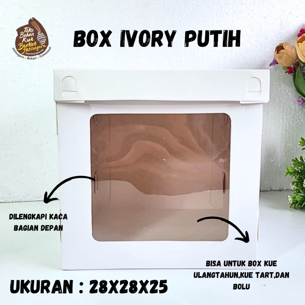 

BOX CAKE IVORY PUTIH 28X28X28 CM / BOX CAKE PUTIH / BOX CAKE KACA / PCS