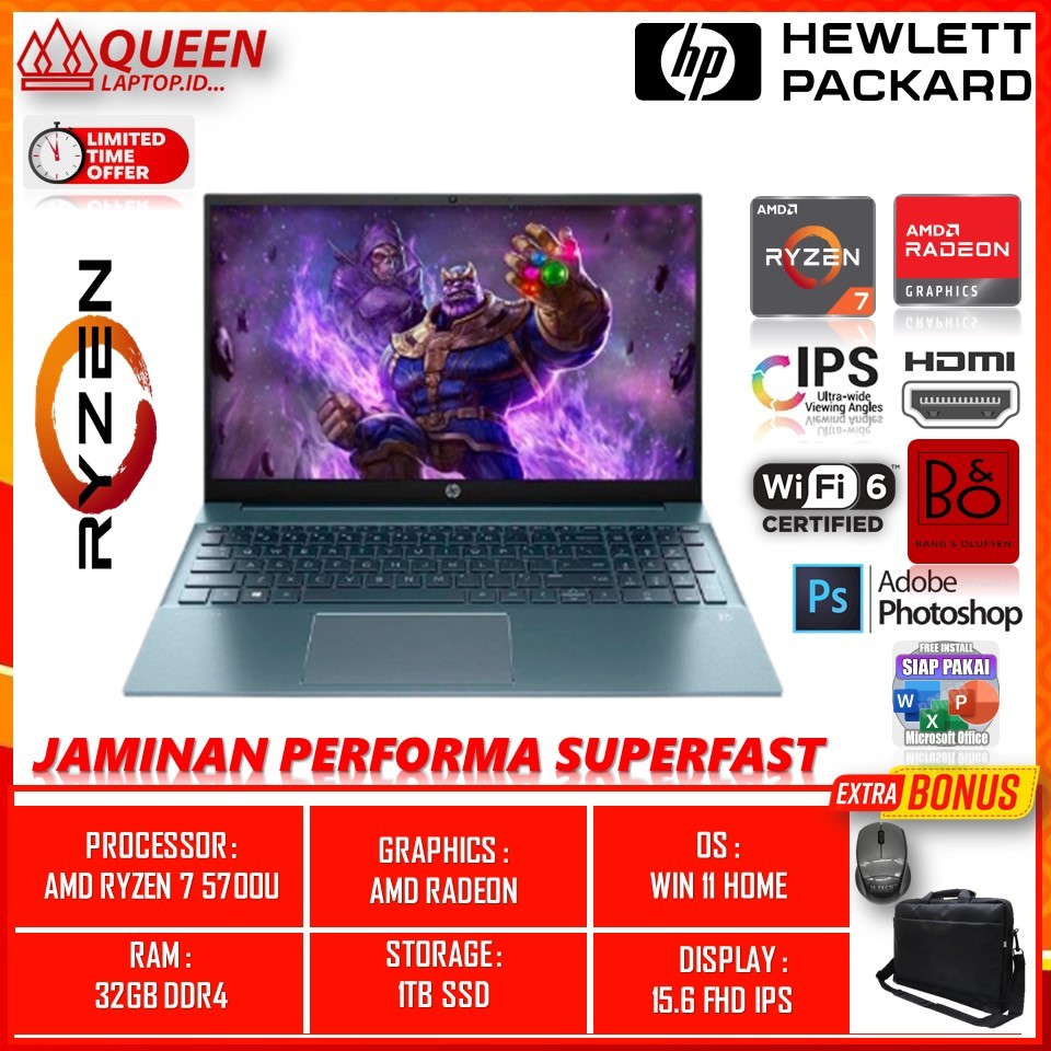Laptop Gaming Murah Hp Pavilion 15 Amd Ryzen 7 5700U Ram 32GB 1TB SSD 15.6 Full hd Ips Win11home Ter