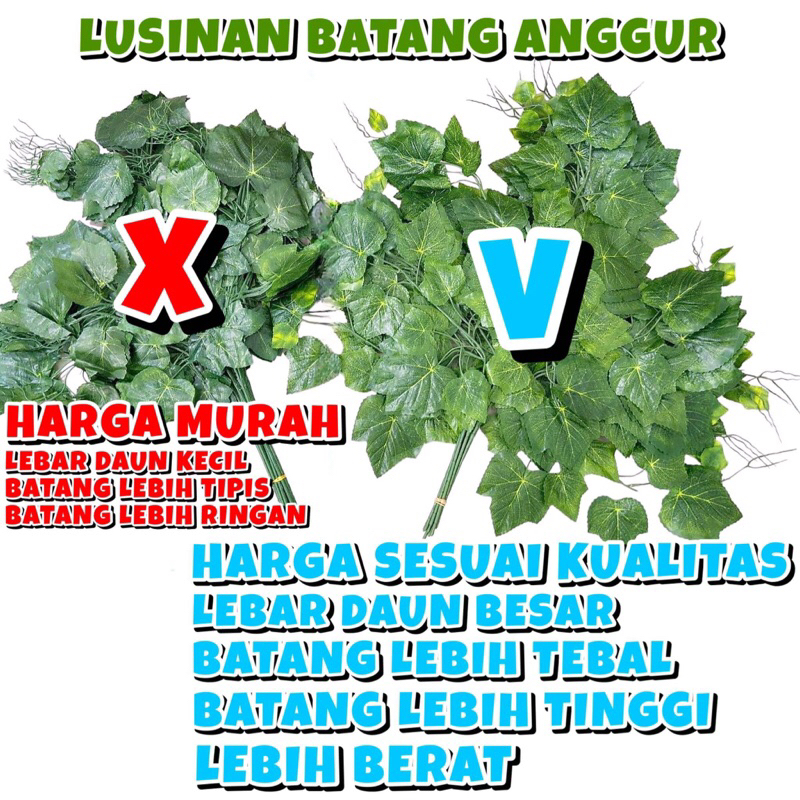 HARGA LUSINAN ISI 12 PCS BATANG ANGGUR/ Daun Plastik/ Daun Hiasan Dinding/ Daun Artificial/ Daun Dek