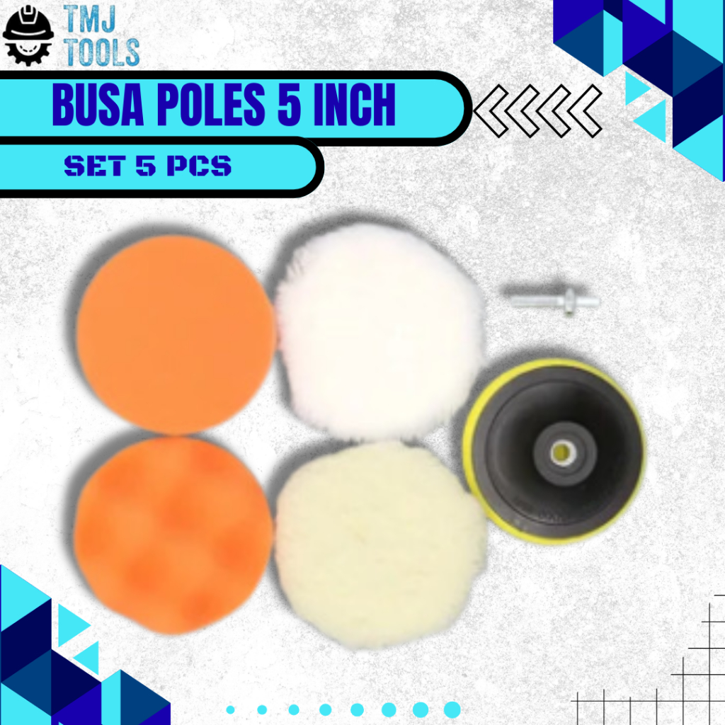 Busa Poles Mobil SET 5 Pcs 5 Inch Spon Mesin Wooll Foam Pad Velcro Adapter Polisher Bor Gerinda Pole