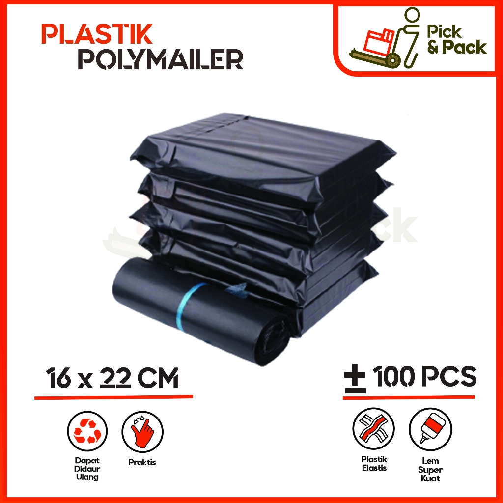 Plastik Polymailer Hitam LDPE [16x20] isi 100 pcs - Bungkus Plastik Packing Online Lem / Polymailer 