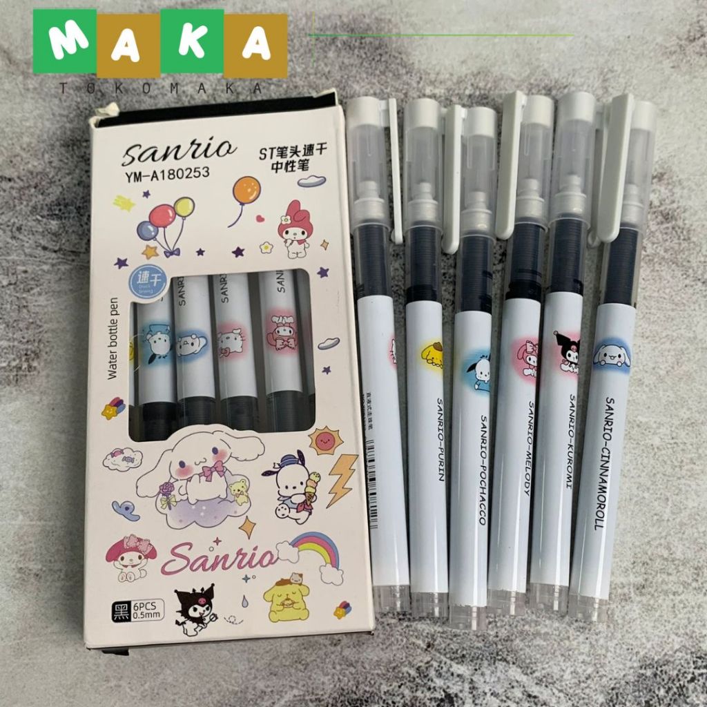 

PULPEN GEL 1 SET ISI 6 PCS SANRIO WATER BOTTLE PEN PGK-1267 pen gel kuromi cinamoroll bolpen tintan melody hello kitty pena sanrio perlengkapan alat tulis kantor sekolah