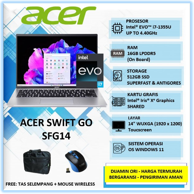 Laptop Ultrabook Acer Swift GO 14 SFG14 Intel evo I7 16GB ddr5 512GB 14.0 wuxga TOUCH win11