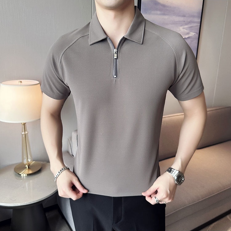 Kaos Polo Shirt Pria Knit Zipper Dewasa Slimfit Lengan Pendek Motif Polos Premium Terbaru