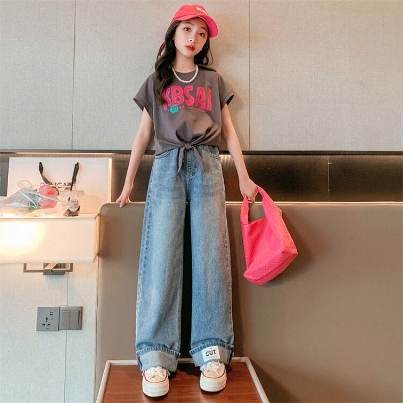 Baju Setelan Anak Remaja Coklat dan Celana Jeans / Setelan Baju Anak Remaja /Baju Anak Cewek Import 