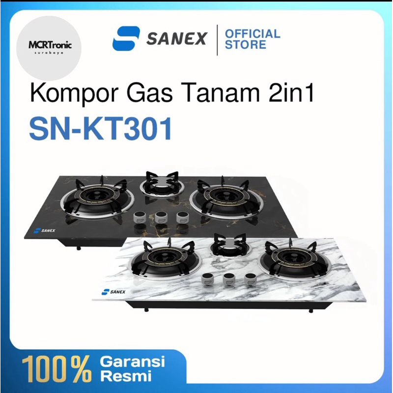 SANEX KOMPOR GAS KACA TANAM SN-KT301 3 TUNGKU DESAIN MODERN TERSEDIA PILIHAN WARNA PUTIH & HITAM BER