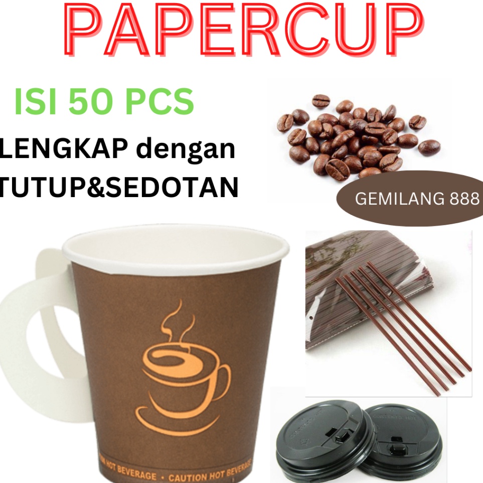 Terbaru PaperCup Kuping  Gelas kes Gagang  Tutup  Sedotan isi 5pcs Paper cup Gelas Kes Gelas Kopi