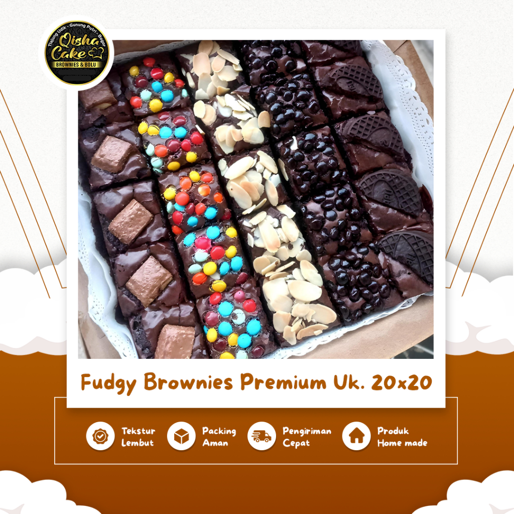 

Fudgy Brownies Panggang Premium Sekat 25 Potong Ukuran 20x20cm Dengan 5 Topping