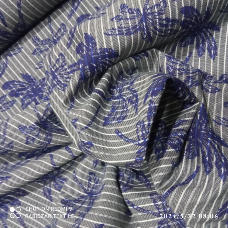 KAIN KATUN DENIM SALUR 100% FULL KATUN MOTIF POHON KELAPA BIRU