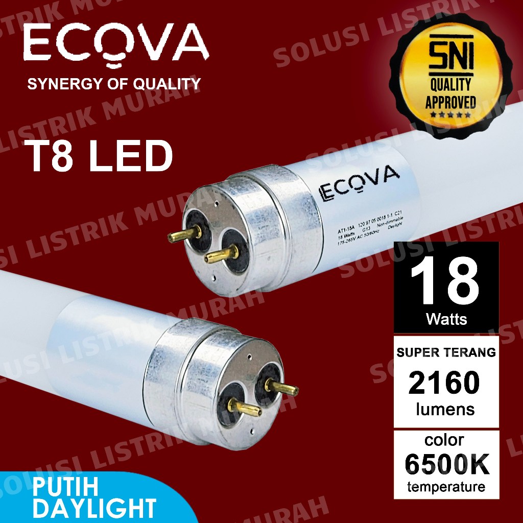 LAMPU LED T8 TUBE LAMPU ECOVA T8 TUBE 18 WATT & 9 WATT PUTIH  KAP LAMPU TL LED LAMPU NEON T8