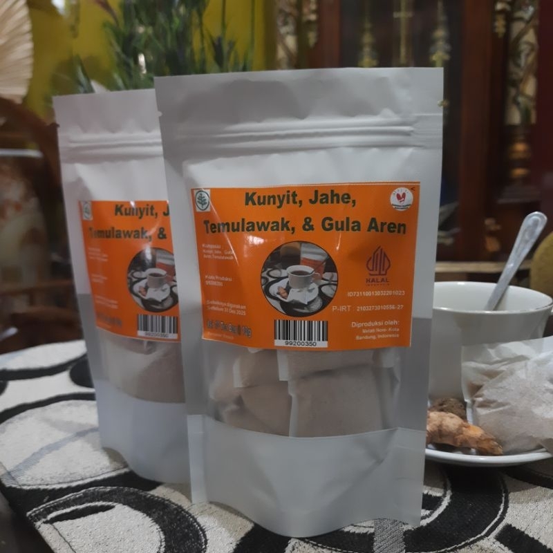 

Minuman Teh Serbuk Rimpang (Kunyit Jahe Temulawak dan aren) dalam kemasan teh bag 10g Rimpang untuk Mag dan Lambung