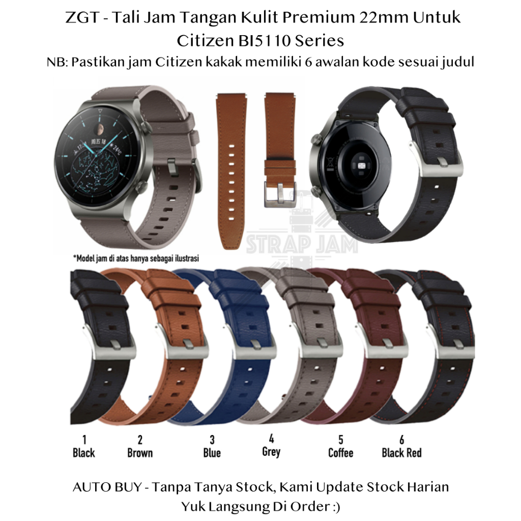 ZGT 22mm Tali Jam Tangan Citizen BI5110 Series - Leather Strap Kulit Premium