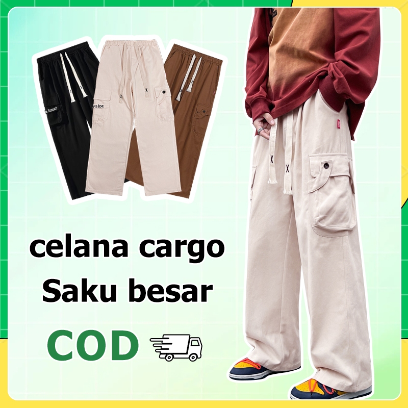 celana cargo panjang pria hitam celana kulot korea celana cargo premium celana pinggang karet pria l