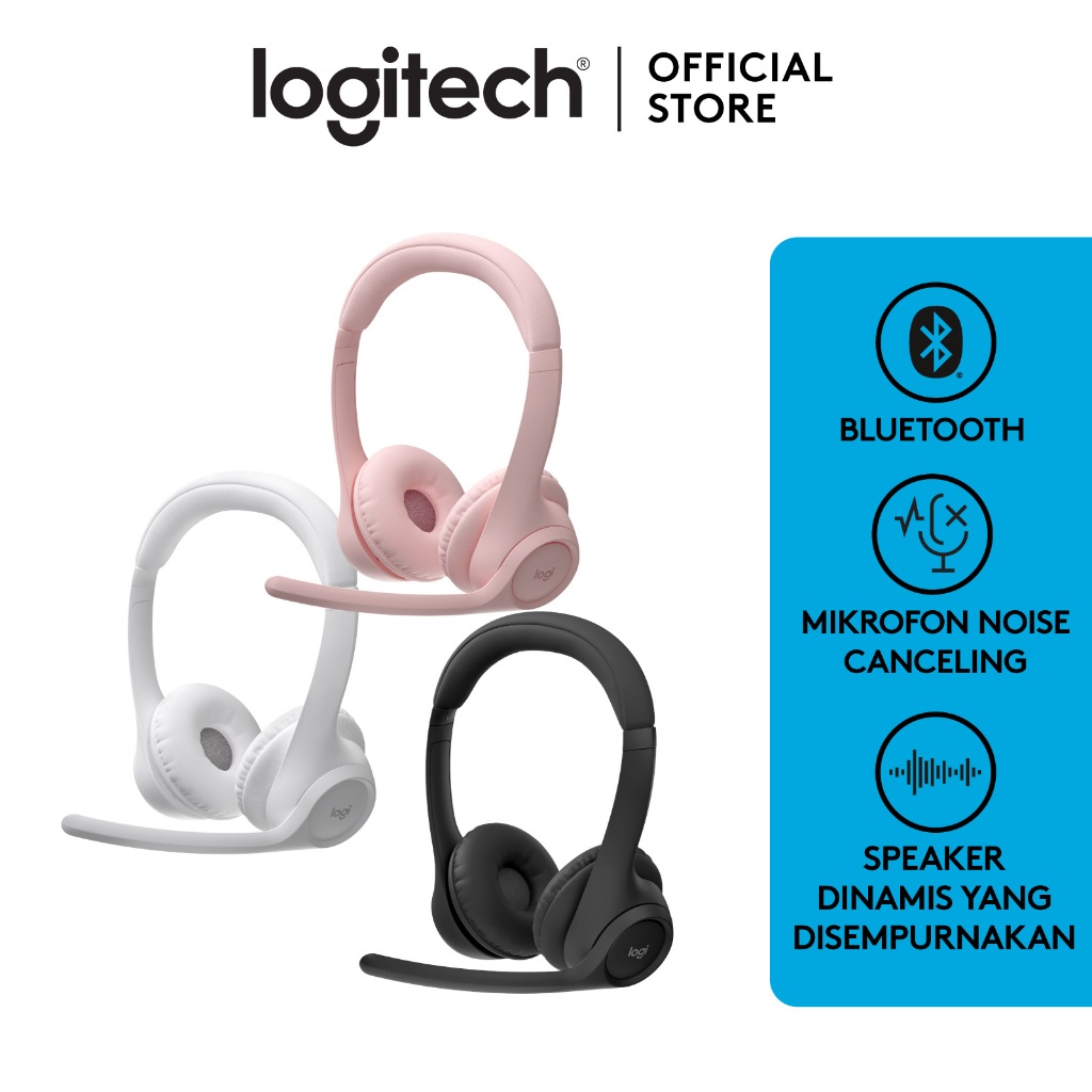 Logitech Zone 300 Headset Bluetooth Wireless, Mikrofon Noise-Canceling, Kompatibel untuk Windows, Ma