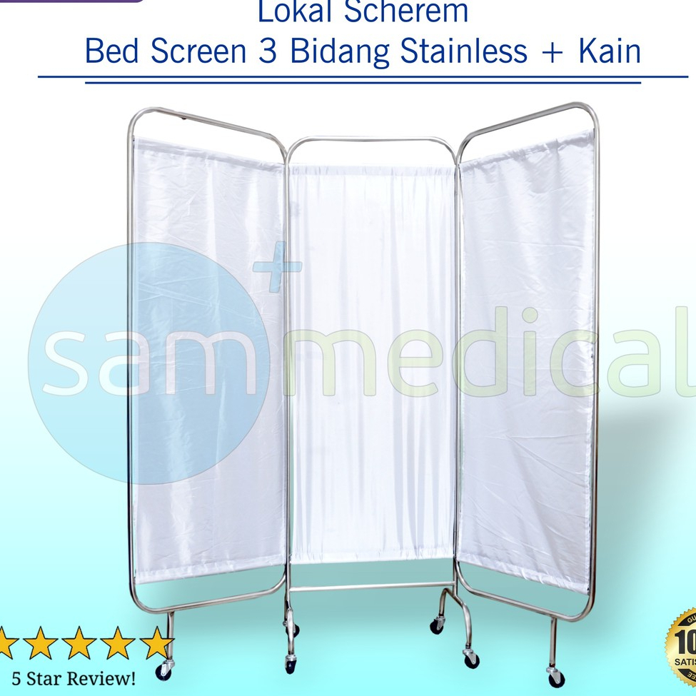 F Lokal Scherem - Bed Screen 3 Bidang Stainless + Kain / pembatas ruangan pasien / pembatas rawat in