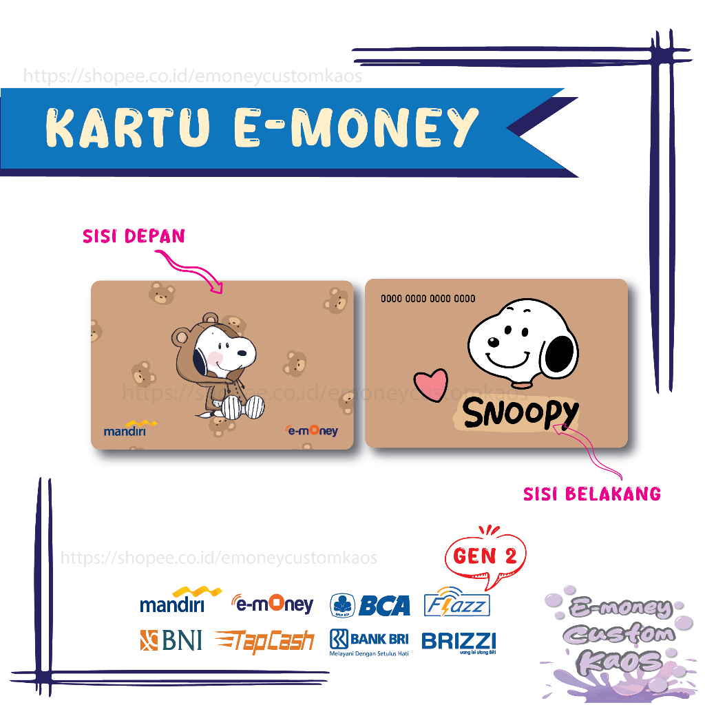 KARTU EMONEY SNOOPY BERUANG ANIME BEAR CUTE MANDIRI FLAZZ BCA GEN 2 BNI TAPCASH BRIZZI BRI - 2 SISI