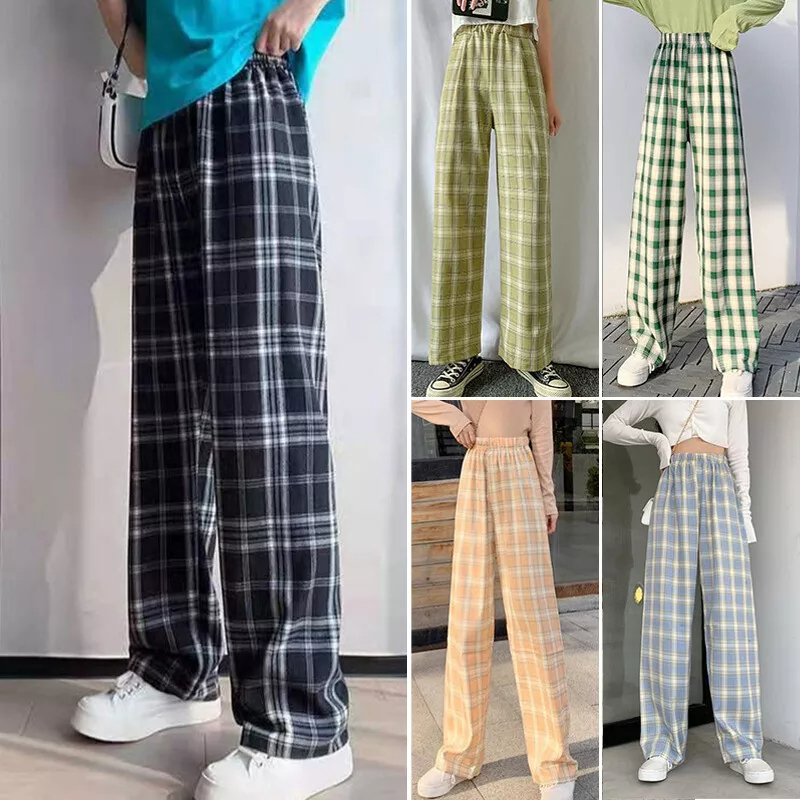 COLOGO Celana kotak Kulot highwaist wanita Lurus Longgar Kotak Celana tartan