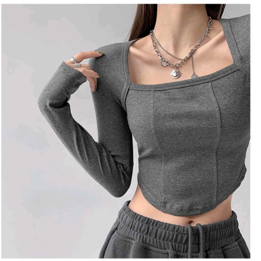 SH - COD Wilova Longsleeve Crop top Square Neck Lengan Panjang Korean Style Kekinian