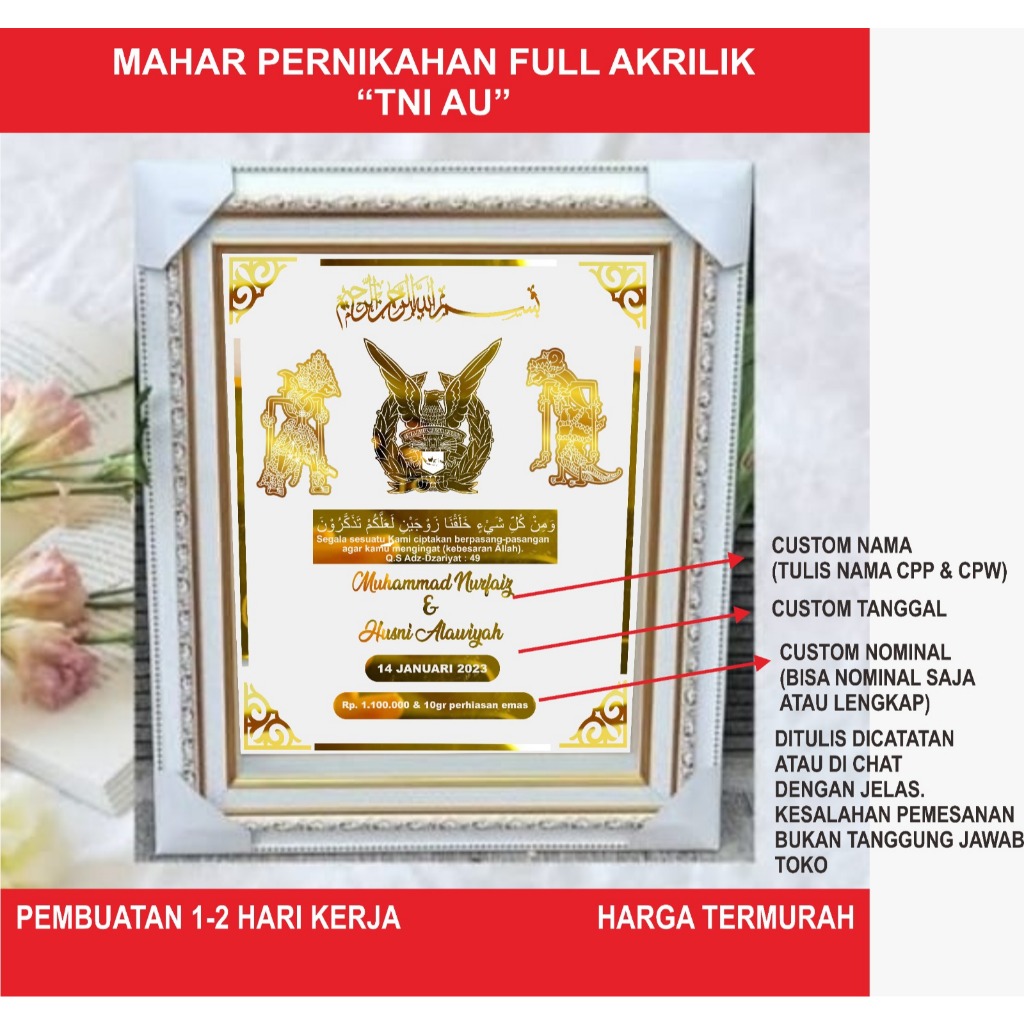 Mahar Pernikahan Full Akrilik Gold TNI AU Rama Shinta /Mahar Nikah TNI AU
