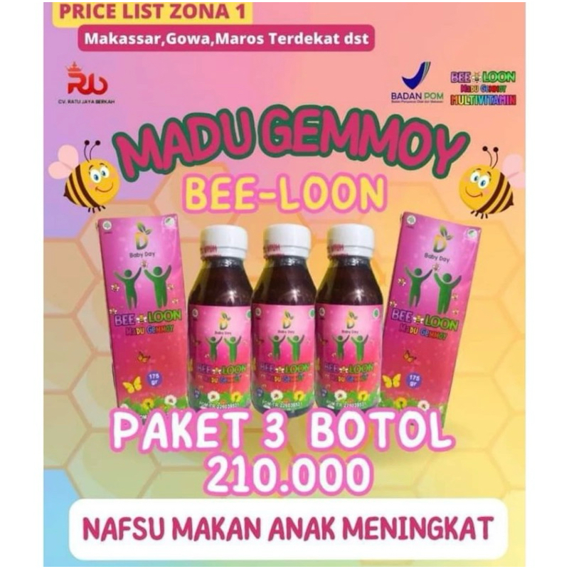 

paket hemat madu gemmoy Beeloon 210rb 3BOTOL penambah nafsu makan sudah BPOM