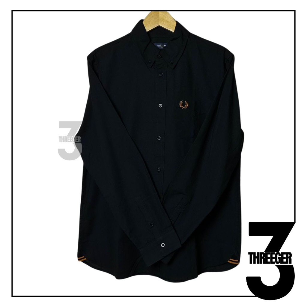 Fred Perry Oxford Gold Logo Long Sleeve Shirt Black Original / Kemeja Fred Perry Original