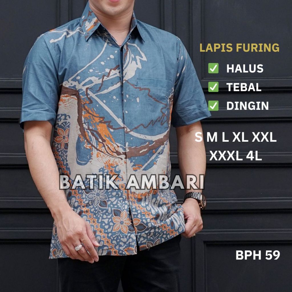 Batik Pria Lapis FURING STANDAR JUMBO Kemeja Batik Lengan Pendek XXXL 4XL BIRU DENIM BPH 59