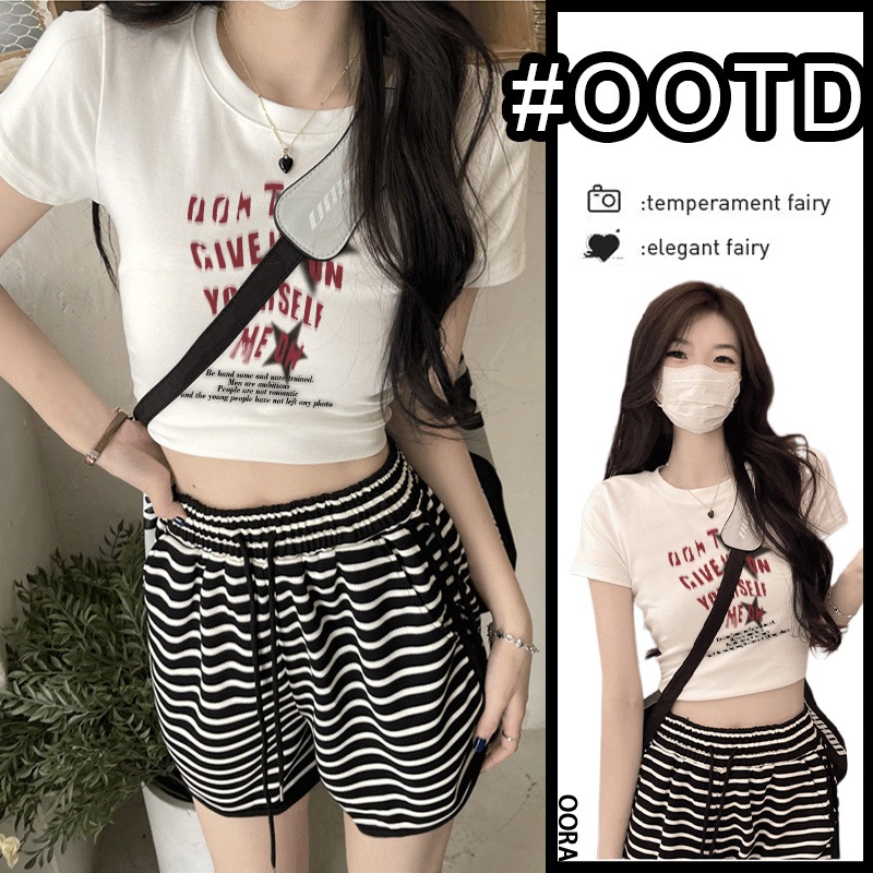 OORA t shirt crop top slimfit Banyak huruf retro wanita korean style baju ketat crop top putih kaos 