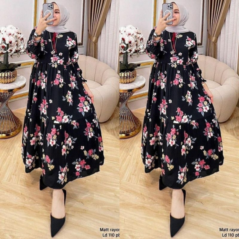 DRESS MIDI MELISA RAYON PREMIUM LD 110 POLOS MOTIF BUNGA  / GAMIS RAYON MURAH MERIAH/ GAMIS HARI RAY