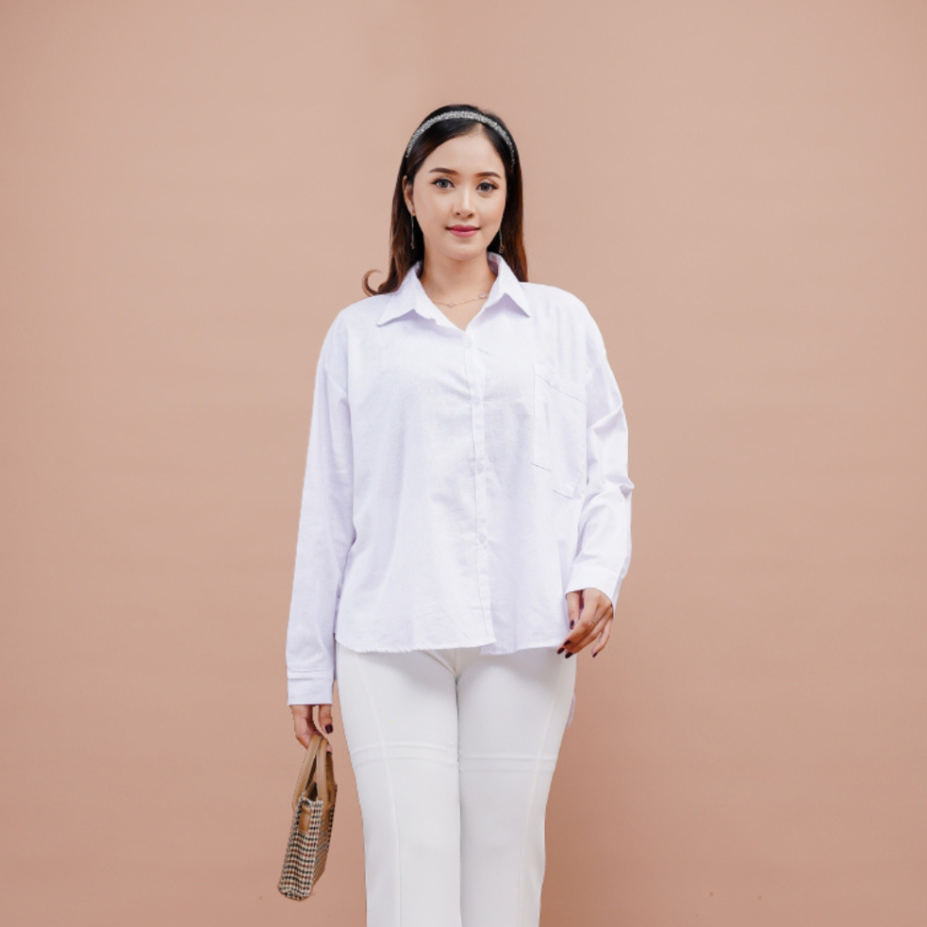 Blouse Jumbo Kemeja Linen Big Size Atasan Wanita Plus Size LD 130