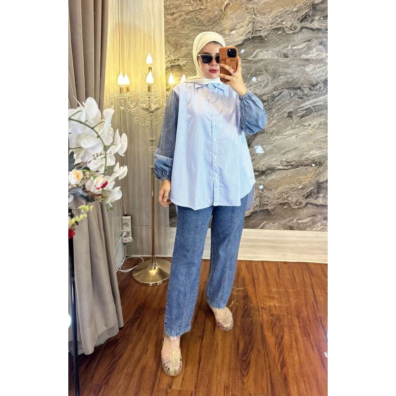 GAMIS WANITA SET KEMEJA JEANS SALUR(DN)