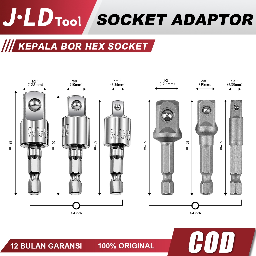 JLD 3PCS Adaptor Kepala Bor Hex Kunci Socket Impact Driver Converter