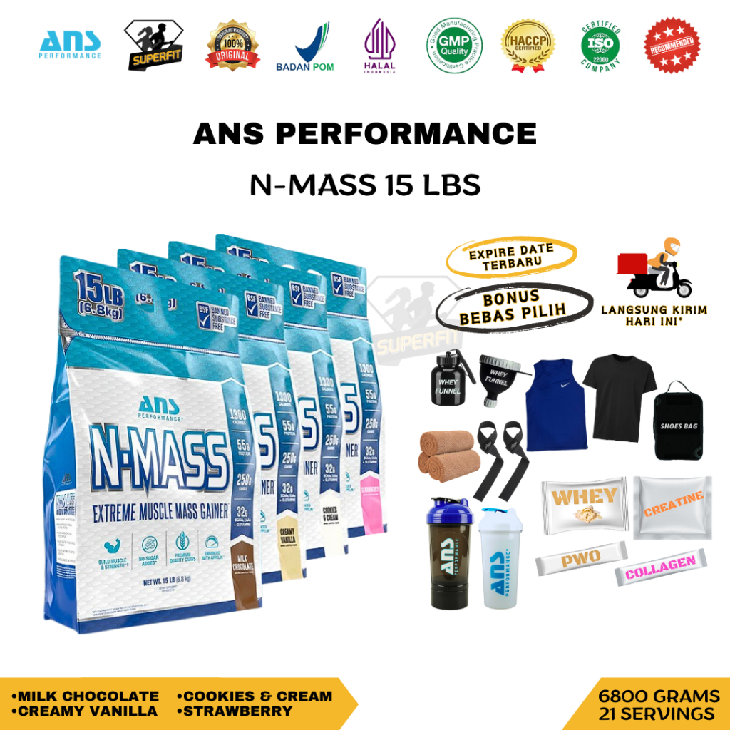 ANS N Mass Gainer 15 Lbs 6,8 Kg BPOM HALAL N-MASS 15LB Susu Fitness Bulking Extreme Gain Premium 21 